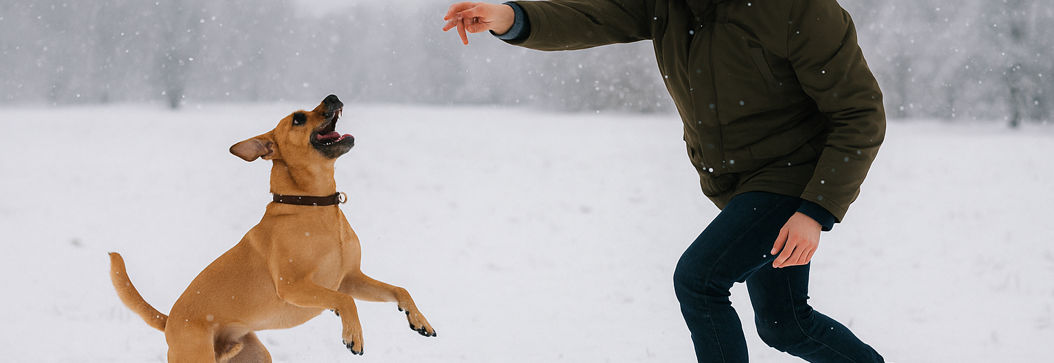 Hond en baasje spelen in de sneeuw
